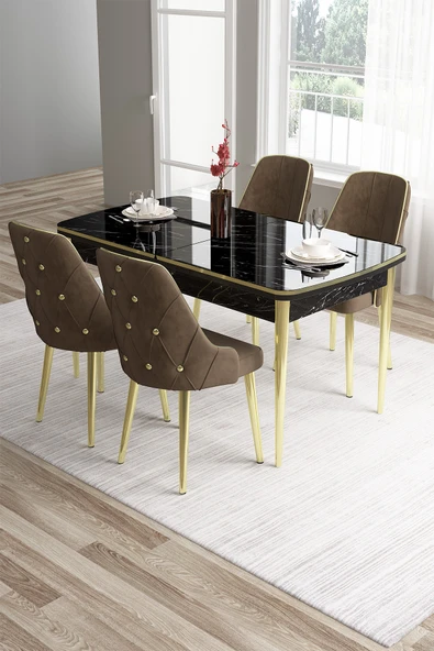 Canisa Tia Serisi 80x132 Açılabilir Mdf Siyah Mermer Desen Gold Detay Masa Takımı Ve 4 Kahverengi Sandalye ürün görseli 1