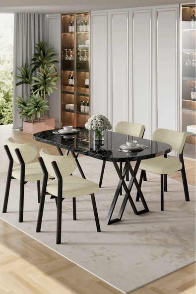 Canisa Axton Serisi Sabit Mdf 90x168 Siyah Mermer Desen Mutfak Masa Takımı 4 Krem Sandalye ürün görseli 1