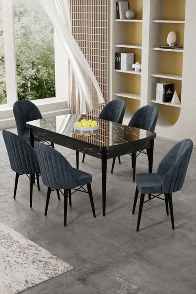 Canisa Gale Serisi 80x132 Açılabilir Lak Panel Siyah Mermer Desen Mutfak Masa Takımı 6 Antrasit Sandalye ürün görseli 1