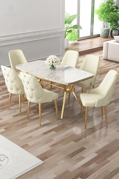 Canisa Asel Serisi 90x160 Lak Panel Beyaz Mermer Desen Gold Ayaklı Masa Takımı ve 6 Krem Sandalye ürün görseli 1