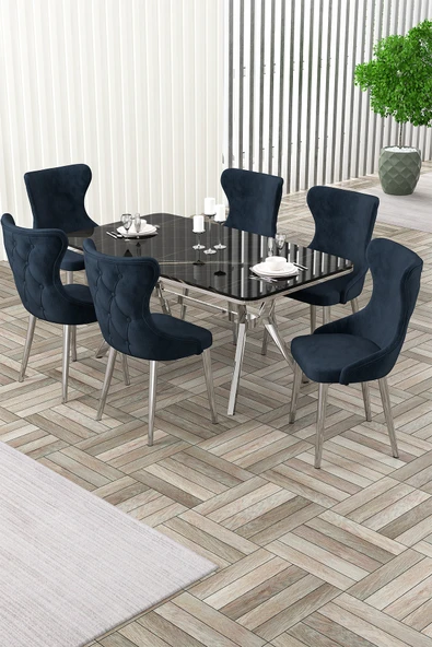 Canisa Esla Serisi 90x160 Lak Panel Sonata Krom Kaplama Ayaklı Masa Takımı ve 6 Antrasit Sandalye ürün görseli 1