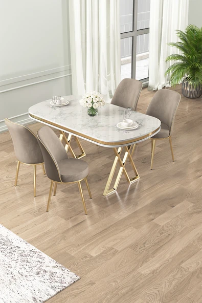 Canisa Lai Serisi 90x168 Lak Panel Beyaz Mermer Desen Masa ve 4 Cappucino Sandalye Gold Kaplama Ayak ürün görseli 1