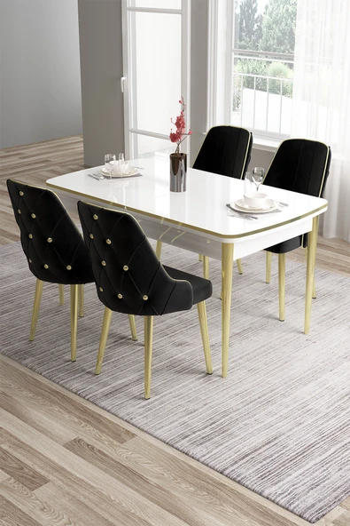 Canisa Tia Serisi 80x132 Açılabilir Mdf Mutfak Masası Takımı Beyaz Masa Gold Detay 4 Siyah Sandalye ürün görseli 1