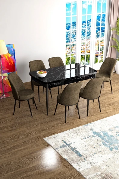 Canisa Han Serisi, Siyah Mermer Desen 70x114, Açılabilir Mdf Mutfak Masa Takımı, 6 Kahve Sandalye ürün görseli 1