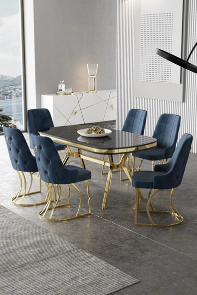 Canisa Epal Serisi 90x168 Lak Panel Siyah Mermer Desen Masa Takımı Gold Ayaklı 6 Antrasit Sandalye ürün görseli 1
