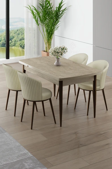 Canisa Asfel Serisi MDF 77x130 Traverten Yandan Açılabilir Mutfak Masası Takımı 4 Krem Sandalye ürün görseli 1