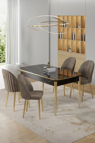 Canisa Rada Serisi 80x132 Açılabilir Lak Panel Siyah Mermer Desen Masa 4 Cappucino Sandalye Gold Detay ürün görseli 1