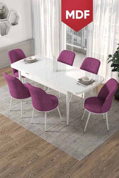 Canisa Kor Serisi 70x114 Açılabilir MDF Mutfak Masası Takımı Beyaz Masa 6 Mor Sandalye ürün görseli 1