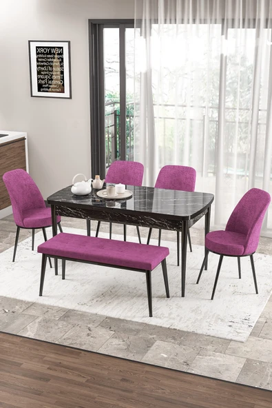 Canisa Zen Serisi 80x132 Mdf Açılabilir Siyah Mermer Desen Masa Takımı 4 Mor Sandalye Ve 1 Bench ürün görseli 1
