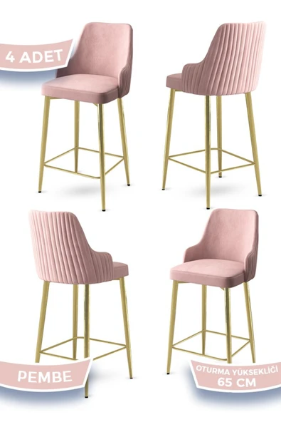 Canisa Tera Serisi 4 Adet Babyface Kumaş 65 cm Gold Kaplama Ayaklı Pembe Bar Sandalyesi ürün görseli 1