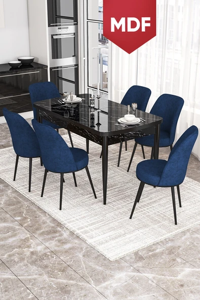 Canisa Concept Kor Serisi 70x114 Açılabilir MDF Mutfak Masası Takımı Siyah Mermer Desen Masa 6 Lacivert Sandalye ürün görseli 1