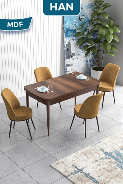 Canisa Han Serisi, 70x114 Açılabilir Mdf Masa Takımı,barok Ahşap Desen Masa, 4 Cappucino Sandalye ürün görseli 1