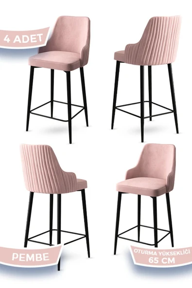 Canisa Tera Serisi 4 Pembe Sandalye 65 Cm Ada Mutfak Bar Sandalyesi Babyface Kumaş Siyah Metal Ayaklı ürün görseli 1