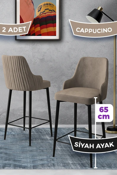 Canisa Tera Serisi 2 Cappucino Sandalye 65 Cm Ada Mutfak Bar Sandalyesi Babyface Kumaş Siyah Metal Ayaklı ürün görseli 1