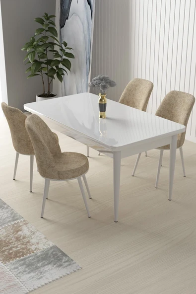 Canisa Concept Nil Serisi 70x110 Sabit Mutfak Masası Takımı Beyaz Masa 4 Krem Sandalye ürün görseli 1