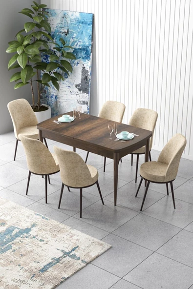 Canisa Concept Zen Serisi 80x132 Mdf Açılabilir Barok Ahşap Desen Masa Takımı Ve 6 Krem Sandalye ürün görseli 1