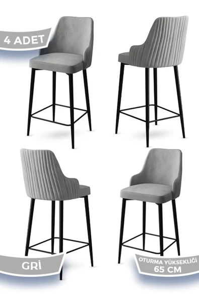 Canisa Tera Serisi 4 Gri Sandalye 65 Cm Ada Mutfak Bar Sandalyesi Babyface Kumaş Siyah Metal Ayaklı ürün görseli 1
