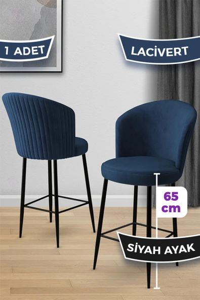 Canisa Alte Serisi 1 Adet 65 Cm Lacivert Ada Mutfak Bar Sandalyesi Babyface Kumaş Siyah Metal Ayaklı ürün görseli 1