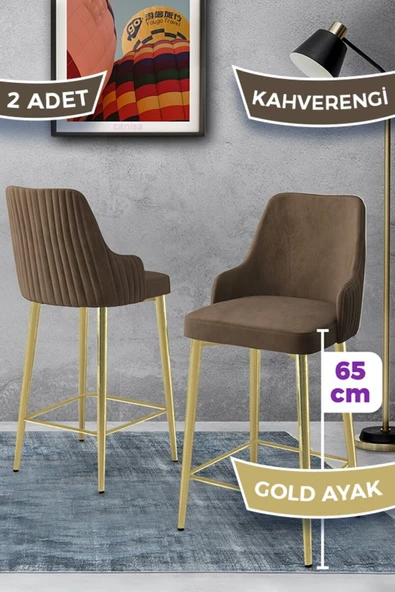 Canisa Tera Serisi 2 Adet Babyface Kumaş 65 cm Gold Kaplama Ayaklı Kahverengi Bar Sandalyesi ürün görseli 1