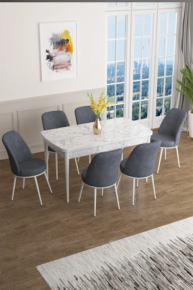Canisa Concept Han Serisi 70x114 Açılabilir Mdf Mutfak Masası Takımı Beyaz Mermer Desen Masa 6 Füme Sandalye ürün görseli 1