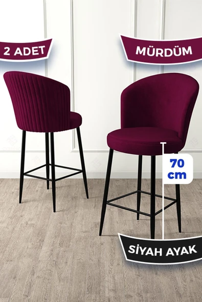 Canisa Fora Serisi 2 Adet Mürdüm Sandalye Ada Mutfak Bar Sandalyesi Babyface Kumaş Siyah Metal Ayak ürün görseli 1