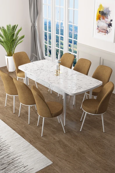 Canisa Concept Zen Serisi 80x132 Mdf Açılabilir Beyaz Mermer Desen Masa Takımı Ve 8 Cappucino Sandalye ürün görseli 1