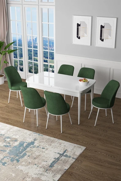 Canisa Concept Zen Serisi 80x132 Mdf Açılabilir Beyaz Masa Takımı Ve 6 Haki Yeşil Sandalye ürün görseli 1