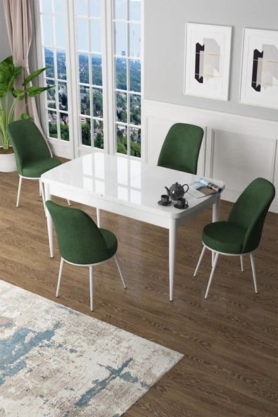 Canisa Concept Zen Serisi 80x132 Mdf Açılabilir Beyaz Masa Takımı Ve 4 Haki Yeşil Sandalye ürün görseli 1