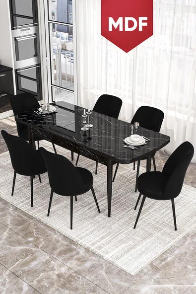 Canisa Concept Kor Serisi, 70x114 Açılabilir MDF Yemek Masası Takımı, Siyah Mermer Desen Masa Ve 6 Siyah Sandalye ürün görseli 1
