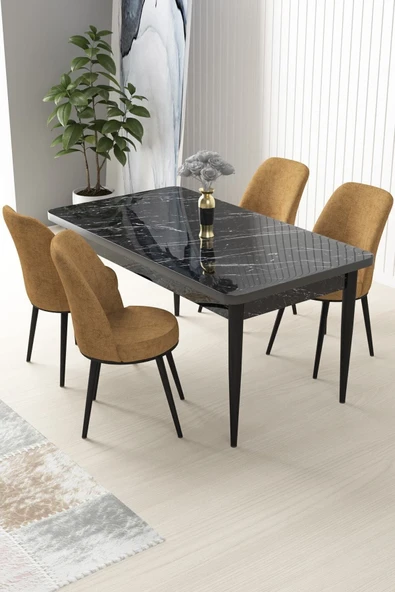 Canisa Concept Nil Serisi 70x110 Sabit Mutfak Masası Takımı Siyah Mermer Desen Masa 4 Cappucino Sandalye ürün görseli 1