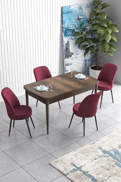 Canisa Concept Han Serisi 70x114, Açılabilir Mdf Mutfak Masa Takımı, Barok Ahşap Desen Masa Ve 4 Bordo Sandalye ürün görseli 1