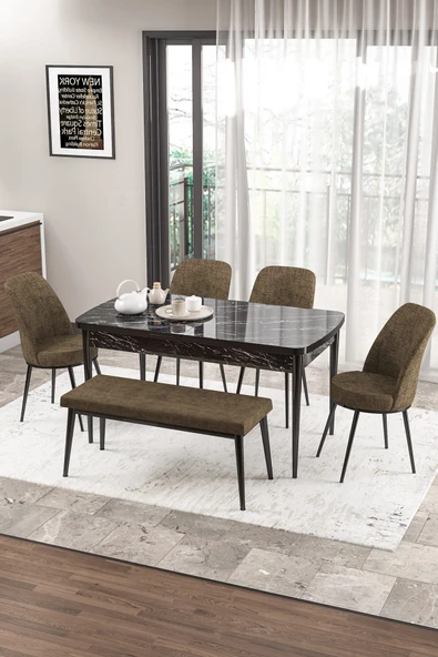 Canisa Concept Zen Serisi 80x132 Mdf Açılabilir Siyah Mermer Desen Masa Takımı 4 Kahverengi Sandalye Ve 1 Bench ürün görseli 1