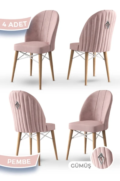 Canisa Ritim Serisi 4 Adet Pembe Sandalye 1.sınıf Babyface Ithal Kumaş Doğal Ahşap Ayak Gümüş Halkalı ürün görseli 1