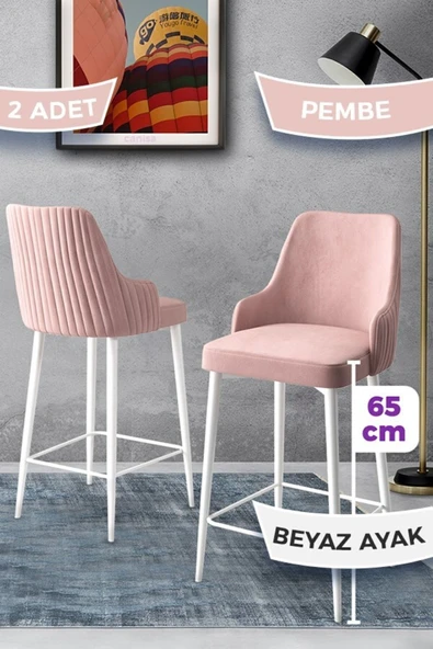 Canisa Tera Serisi 2 Pembe Sandalye 65 Cm Ada Mutfak Bar Sandalyesi Babyface Kumaş Beyaz Metal Ayaklı ürün görseli 1