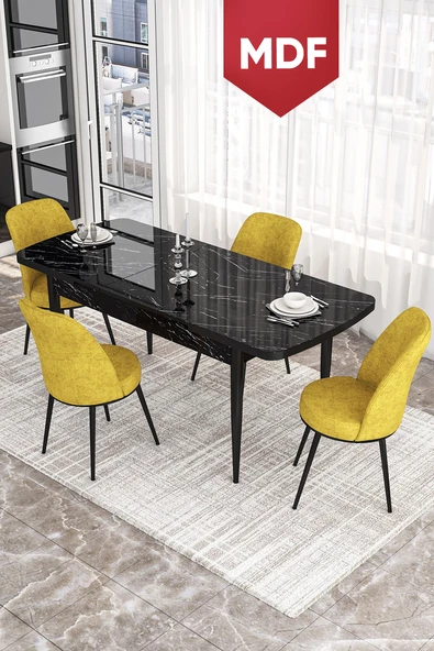 Canisa Concept Kor Serisi 70x114 Açılabilir MDF Mutfak Masası Takımı Siyah Mermer Desen Masa 4 Hardal Sandalye ürün görseli 1