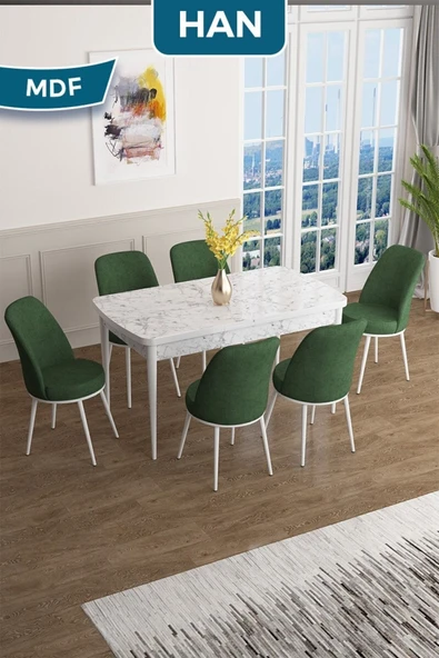Canisa Han Serisi, 70x114 Açılabilir Mdf Masa Takımı, Beyaz Mermer Desen Masa Ve 6 Haki Yeşil Sandalye ürün görseli 1