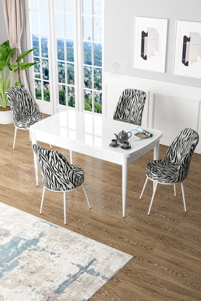 Canisa Concept Zen Serisi 80x132 Mdf Açılabilir Beyaz Masa Takımı Ve 4 Zebra Sandalye ürün görseli 1