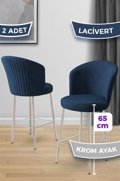 Canisa Alte Serisi 2 Adet Babyface Kumaş 65 cm Krom Kaplama Ayaklı Lacivert Bar Sandalyesi ürün görseli 1