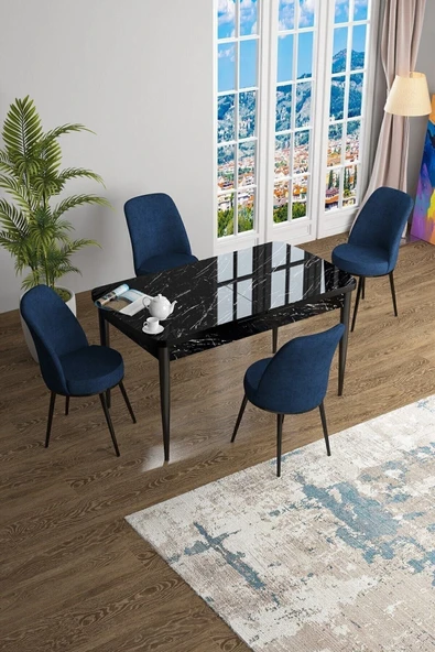 Canisa Concept Han Serisi 70x114 Açılabilir Mdf Mutfak Masası Takımı Siyah Mermer Desen Masa 4 Lacivert Sandalye ürün görseli 1