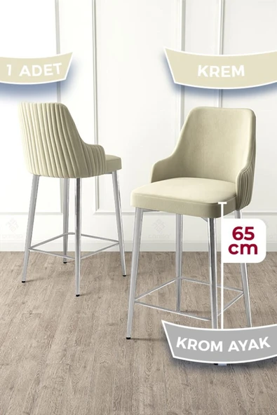Canisa Tera Serisi 1 Adet Babyface Kumaş 65 cm Krom Kaplama Ayaklı Krem Bar Sandalyesi ürün görseli 1