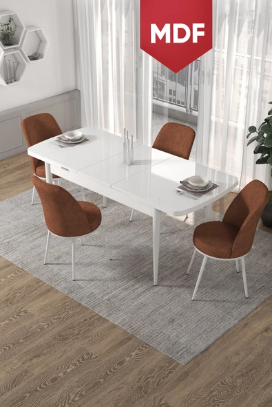 Canisa Kor Serisi, 70x114 Açılabilir MDF  Mutfak Masa Takımı, Beyaz Masa Ve 4 Kiremit Andalye ürün görseli 1