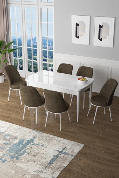 Canisa Concept Zen Serisi 80x132 Mdf Açılabilir Beyaz Masa Takımı Ve 6 Kahverengi Sandalye ürün görseli 1