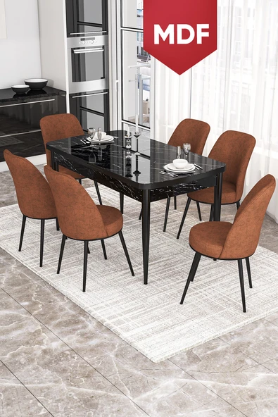 Canisa Concept Kor Serisi 70x114 Açılabilir MDF Mutfak Masası Takımı Siyah Mermer Desen Masa 6 Kiremit Sandalye ürün görseli 1