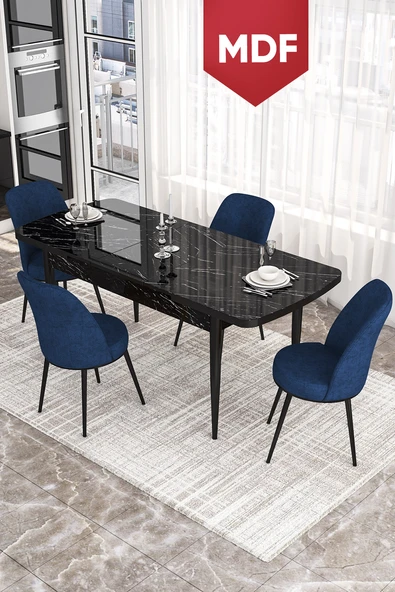 Canisa Kor Serisi 70x114 Açılabilir MDF Mutfak Masası Takımı Siyah Mermer Desen Masa 4 Lacivert Sandalye ürün görseli 1