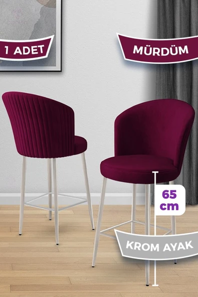 Canisa Alte Serisi 1 Adet Babyface Kumaş 65 cm Krom Kaplama Ayaklı Mürdüm Bar Sandalyesi ürün görseli 1