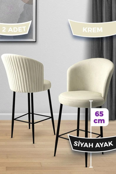 Canisa Alte Serisi 2 Adet Krem Sandalye 65 Cm Ada Mutfak Bar Sandalyesi Babyface Kumaş Siyah Metal Ayak ürün görseli 1