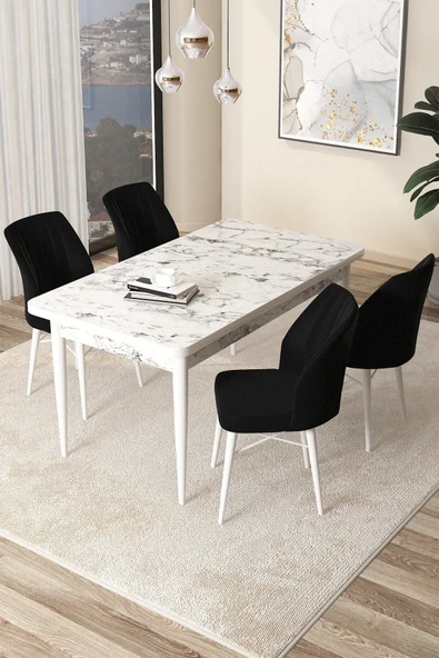 Canisa Concept Arp Serisi 70x110 Sabit Mutfak Masası Takımı Beyaz Mermer Desen Masa 4 Siyah Sandalye ürün görseli 1