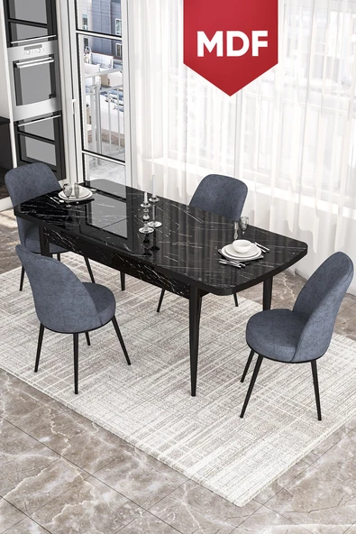 Canisa Kor Serisi 70x114 Açılabilir MDF Mutfak Masası Takımı Siyah Mermer Desen Masa 4 Füme Sandalye ürün görseli 1