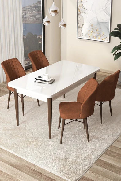 Canisa Concept Arp Serisi 70x110 Sabit Mutfak Masası Takımı Beyaz Ceviz Masa 4 Kiremit Sandalye ürün görseli 1