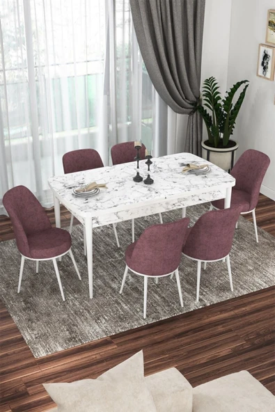 Canisa Concept Kor Serisi 70x114 Açılabilir Mutfak Masası Takımı Beyaz Mermer Desen Masa 6 Gül Kurusu Sandalye ürün görseli 1